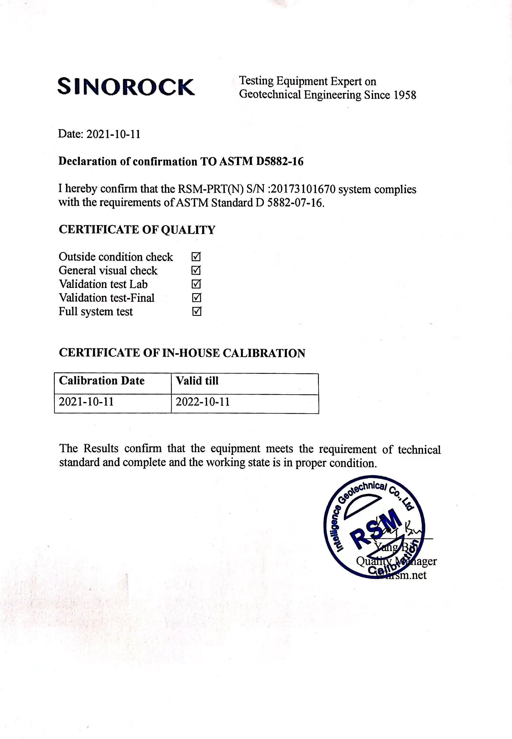 Sinorock calibration certificate